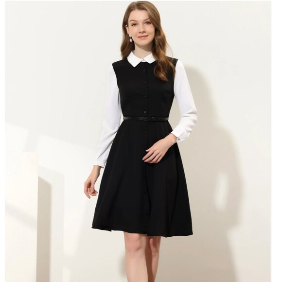 Work Button Front Dress Long Sleeve Contrast Collar Shirtdress - Picture 1 of 6